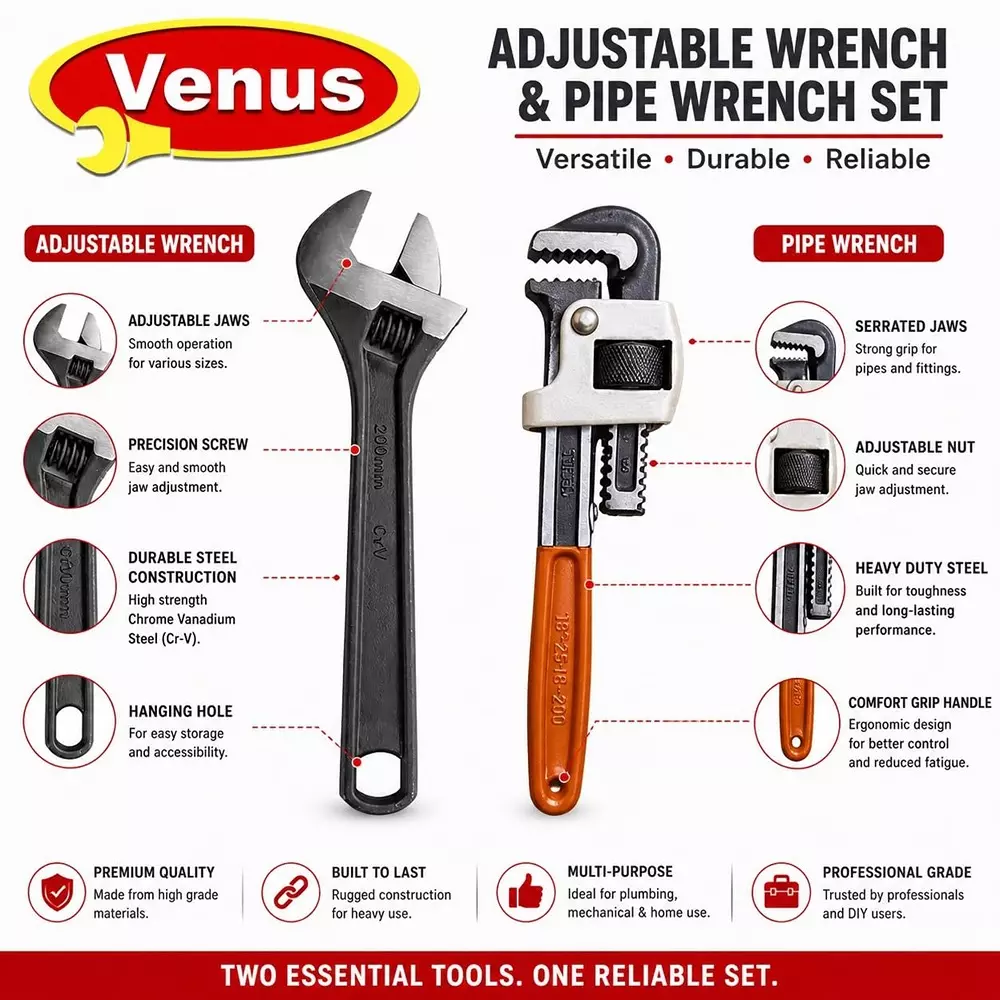 venus-heavy-duty-pipe-wrench-and-adjustable-wrench-kit-red-grey-black-drop-forged-phosphated-black-finish-8-inch-200-mm-length-for-different-size-sockets-cmbo-8