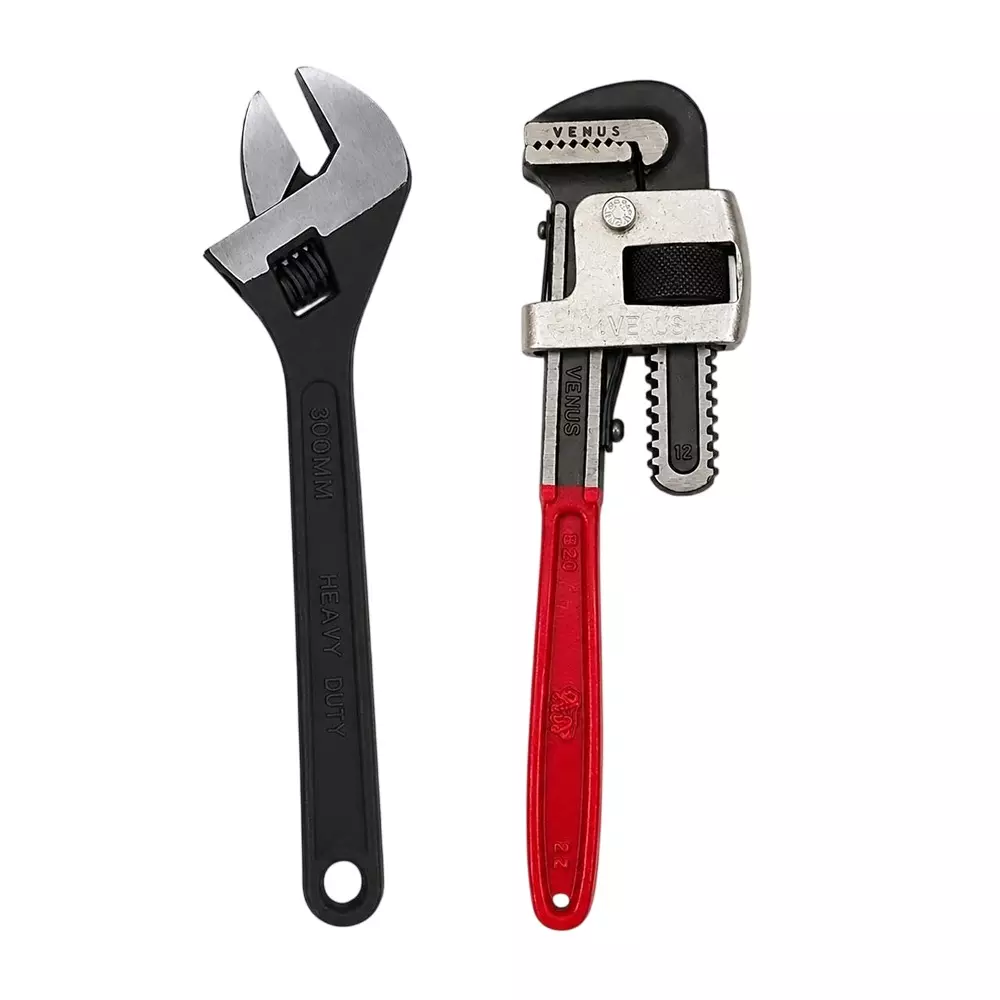 Venus Heavy Duty Pipe Wrench and Adjustable Wrench Kit Red & Grey, Black Drop Forged, Phosphated Black Finish 12 Inch (300 mm) Length for Different Size Sockets