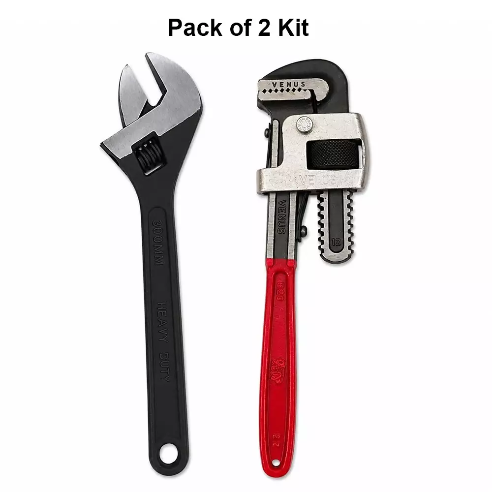 venus-heavy-duty-pipe-wrench-and-adjustable-wrench-kit-red-grey-black-drop-forged-phosphated-black-finish-12-inch-300-mm-length-for-different-size-sockets-cmbo-12