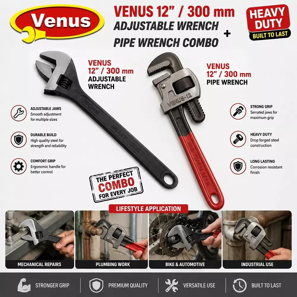 venus-heavy-duty-pipe-wrench-and-adjustable-wrench-kit-red-grey-black-drop-forged-phosphated-black-finish-12-inch-300-mm-length-for-different-size-sockets-cmbo-12