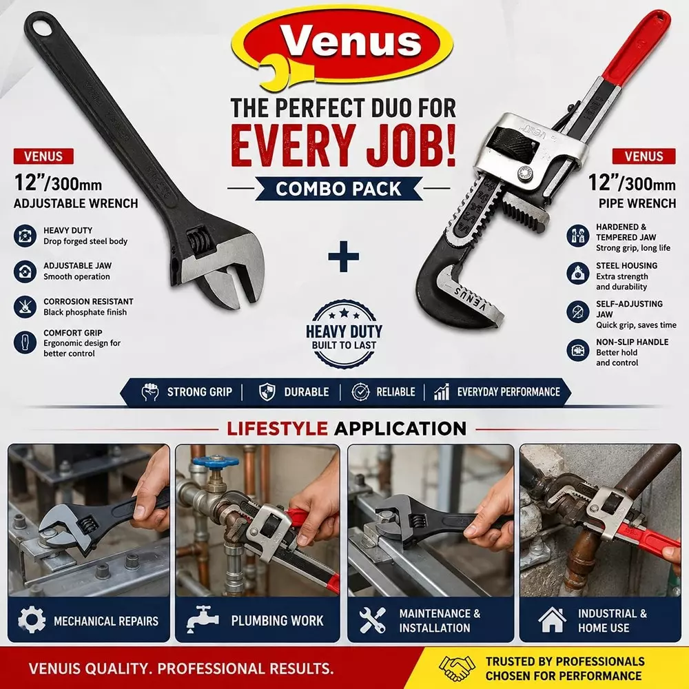 venus-heavy-duty-pipe-wrench-and-adjustable-wrench-kit-red-grey-black-drop-forged-phosphated-black-finish-12-inch-300-mm-length-for-different-size-sockets-cmbo-12