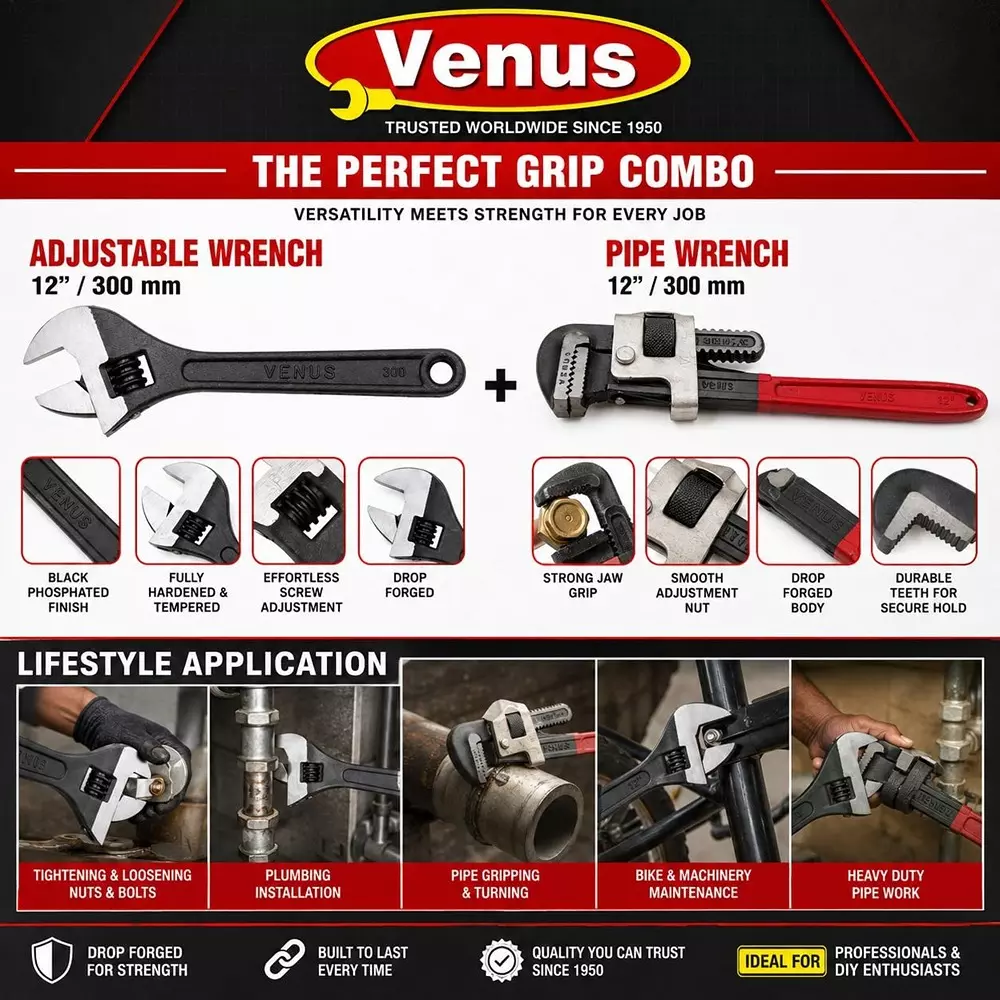 venus-heavy-duty-pipe-wrench-and-adjustable-wrench-kit-red-grey-black-drop-forged-phosphated-black-finish-12-inch-300-mm-length-for-different-size-sockets-cmbo-12