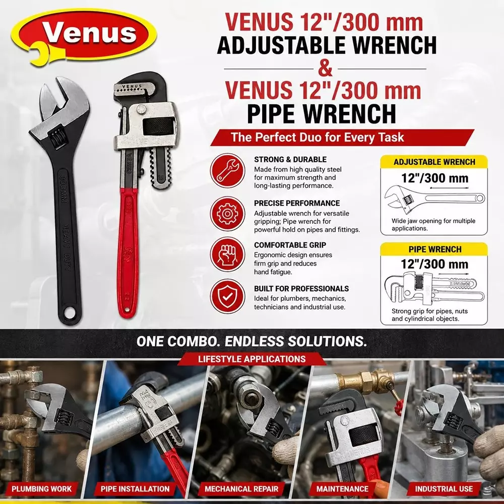 venus-heavy-duty-pipe-wrench-and-adjustable-wrench-kit-red-grey-black-drop-forged-phosphated-black-finish-12-inch-300-mm-length-for-different-size-sockets-cmbo-12