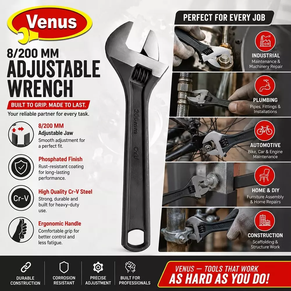 venus-heavy-duty-adjustable-wrench-black-stainless-steel-drop-forged-phosphated-black-finish-8-inch-200-mm-length-for-different-size-sockets-ad-8