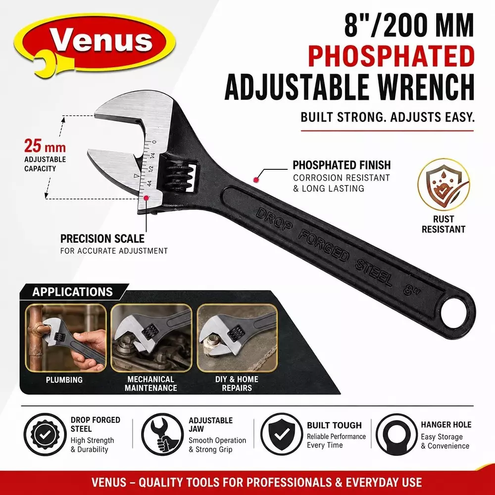 venus-heavy-duty-adjustable-wrench-black-stainless-steel-drop-forged-phosphated-black-finish-8-inch-200-mm-length-for-different-size-sockets-ad-8