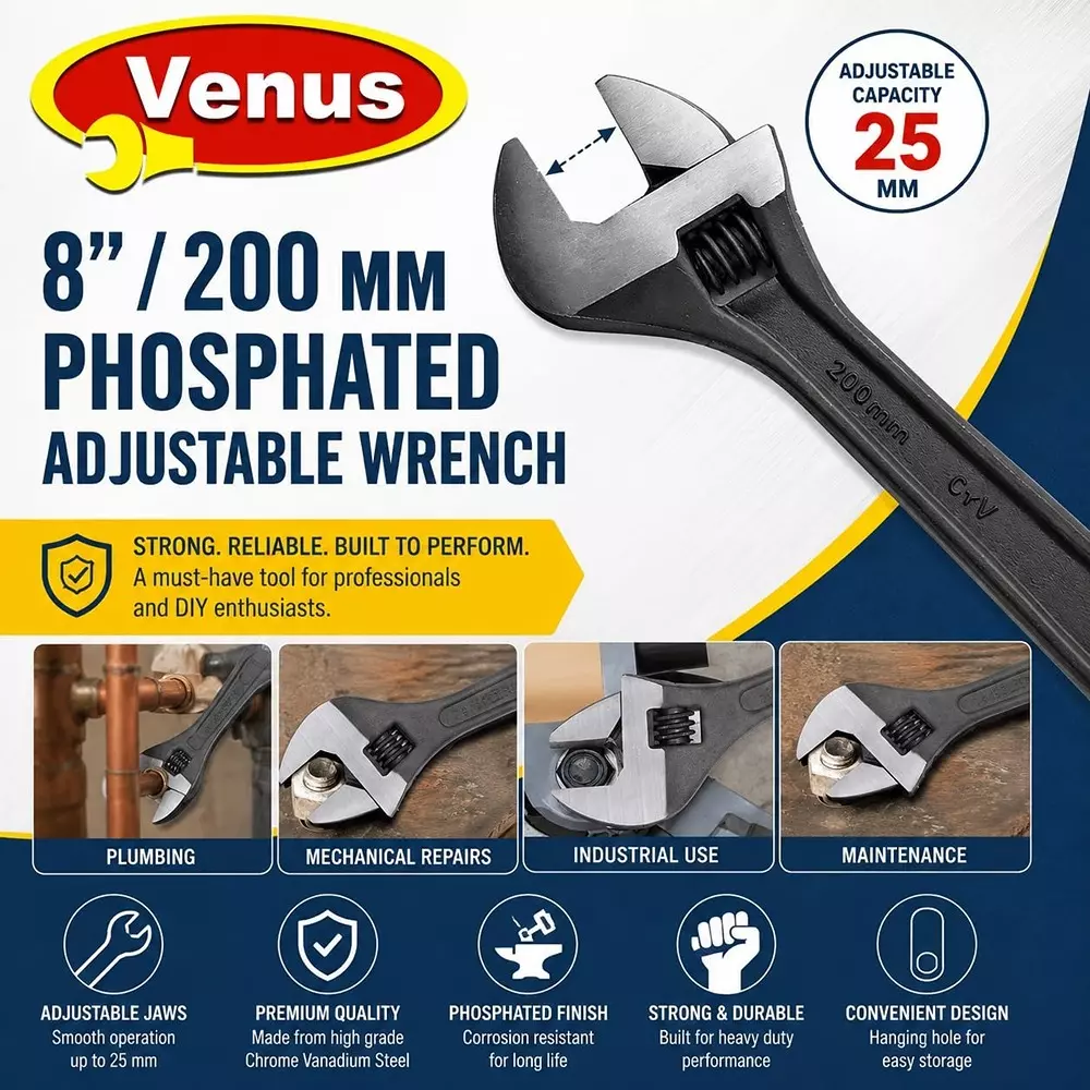 venus-heavy-duty-adjustable-wrench-black-stainless-steel-drop-forged-phosphated-black-finish-8-inch-200-mm-length-for-different-size-sockets-ad-8