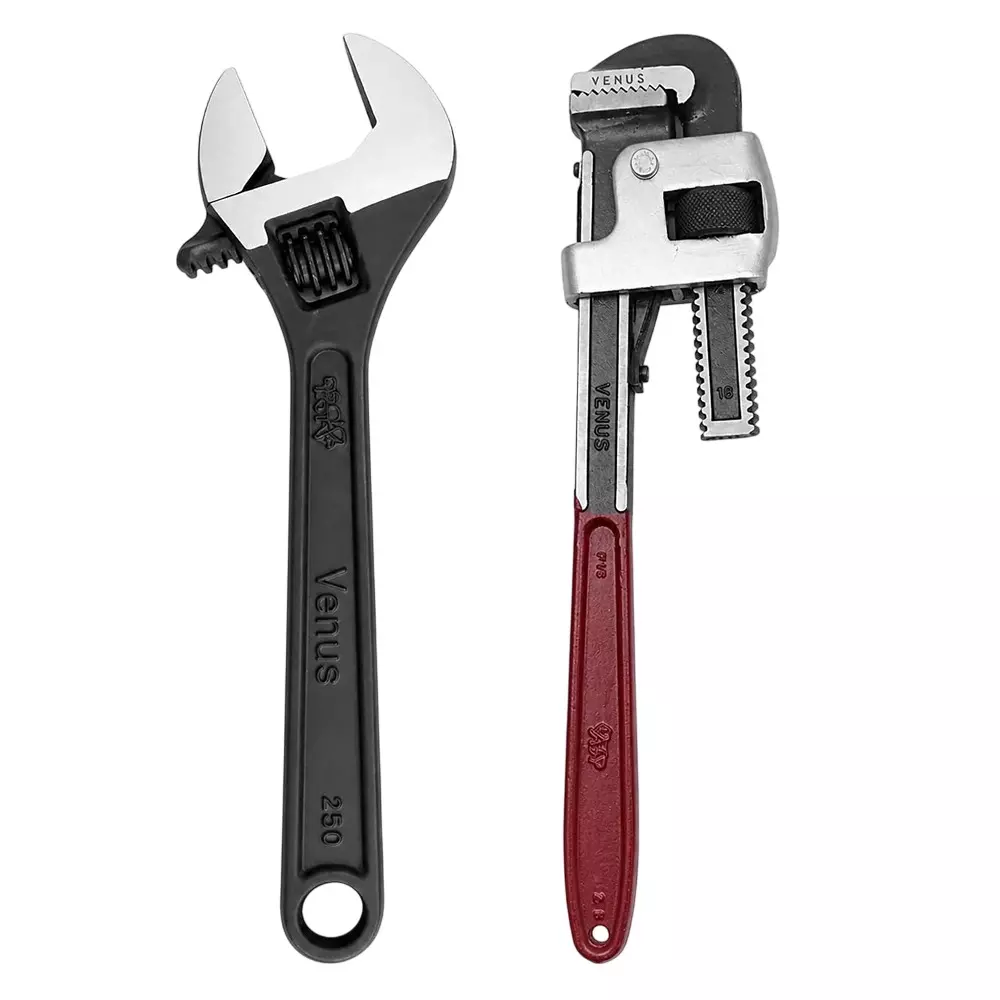Venus Heavy Duty Pipe Wrench and Adjustable Wrench Kit Red & Grey, Black Drop Forged, Phosphated Black Finish 10 Inch (250 mm) Length for Different Size Sockets