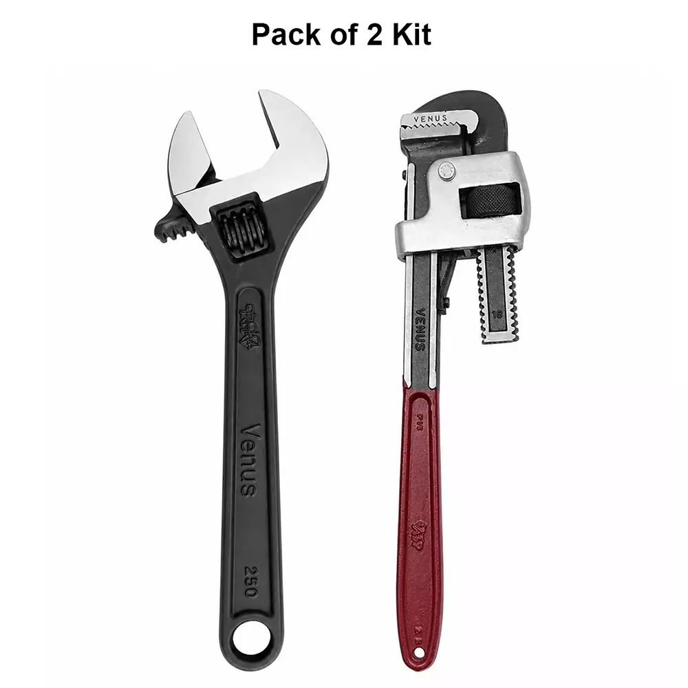 venus-heavy-duty-pipe-wrench-and-adjustable-wrench-kit-red-grey-black-drop-forged-phosphated-black-finish-10-inch-250-mm-length-for-different-size-sockets-cmbo-10