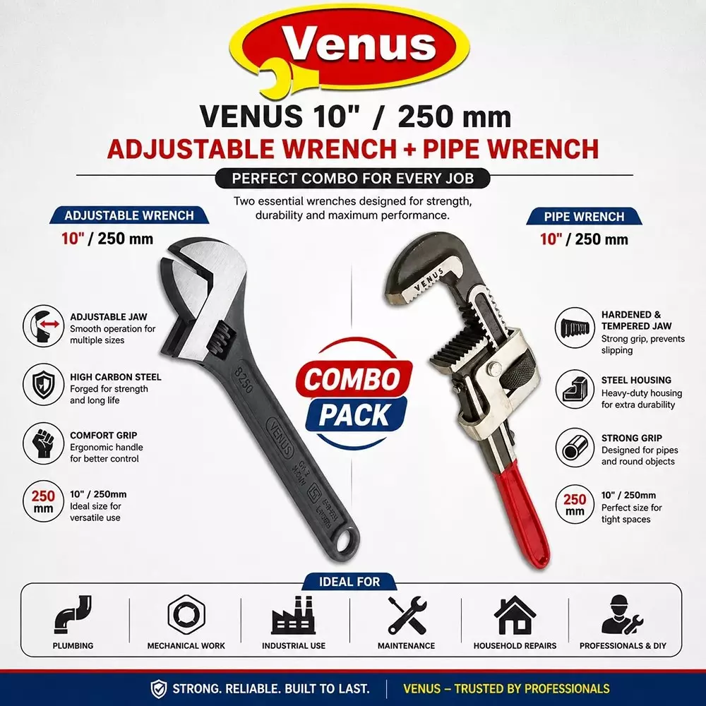 venus-heavy-duty-pipe-wrench-and-adjustable-wrench-kit-red-grey-black-drop-forged-phosphated-black-finish-10-inch-250-mm-length-for-different-size-sockets-cmbo-10