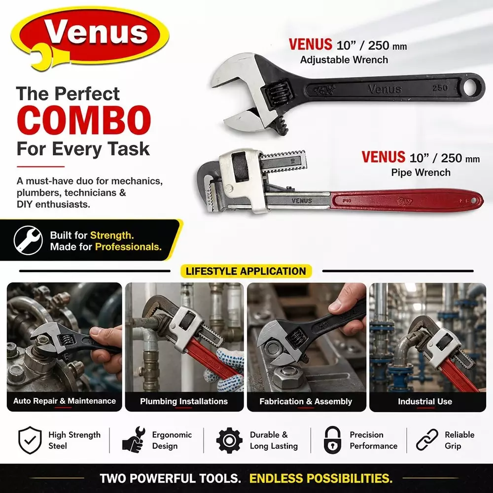 venus-heavy-duty-pipe-wrench-and-adjustable-wrench-kit-red-grey-black-drop-forged-phosphated-black-finish-10-inch-250-mm-length-for-different-size-sockets-cmbo-10
