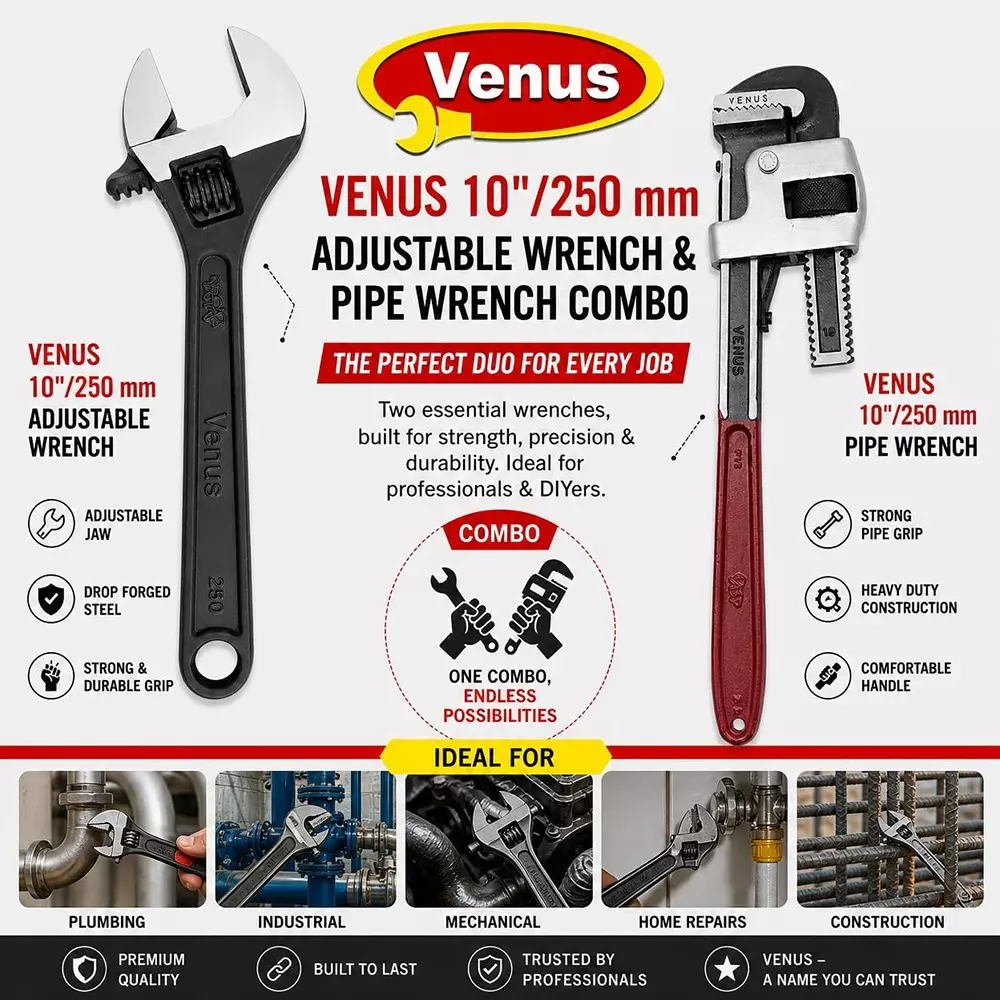 venus-heavy-duty-pipe-wrench-and-adjustable-wrench-kit-red-grey-black-drop-forged-phosphated-black-finish-10-inch-250-mm-length-for-different-size-sockets-cmbo-10