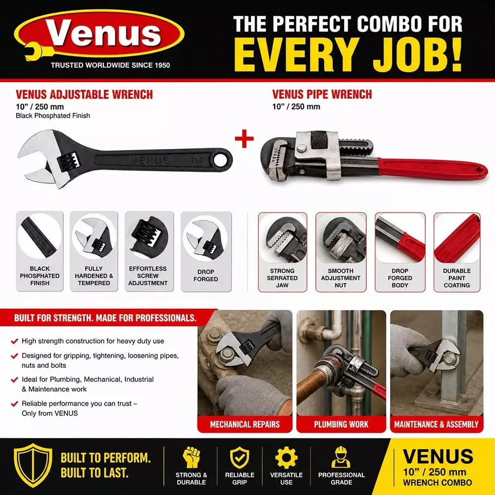 venus-heavy-duty-pipe-wrench-and-adjustable-wrench-kit-red-grey-black-drop-forged-phosphated-black-finish-10-inch-250-mm-length-for-different-size-sockets-cmbo-10