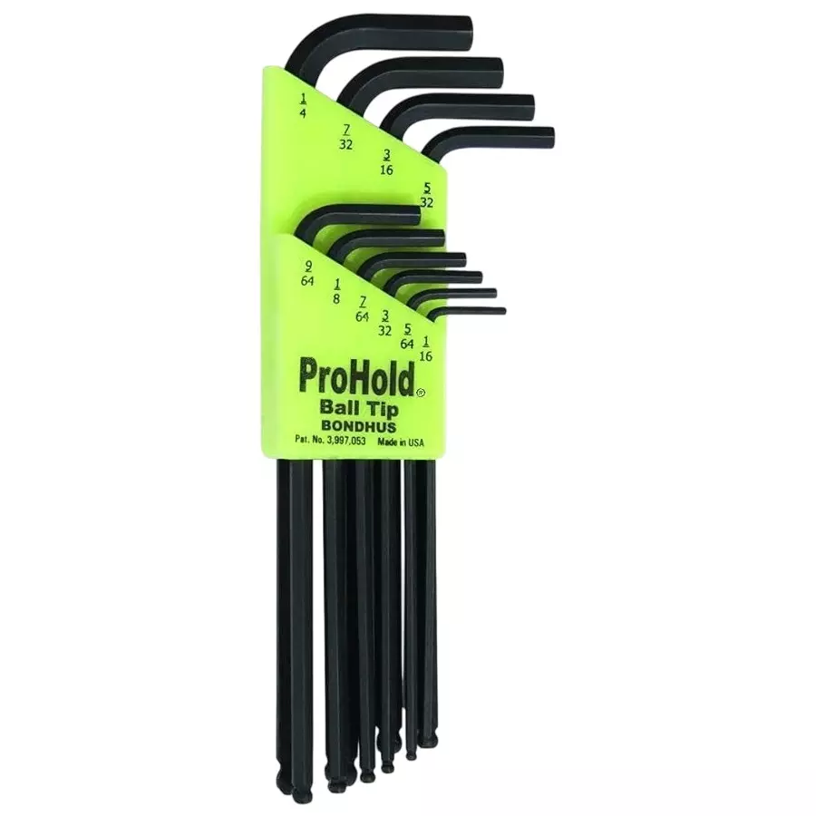 Bondhus ProGuard ProHold Tip Ball End L-Wrenches Protanium High Torque Steel 1/16 to 1/4 inch Size, 74938 (Set of 10)