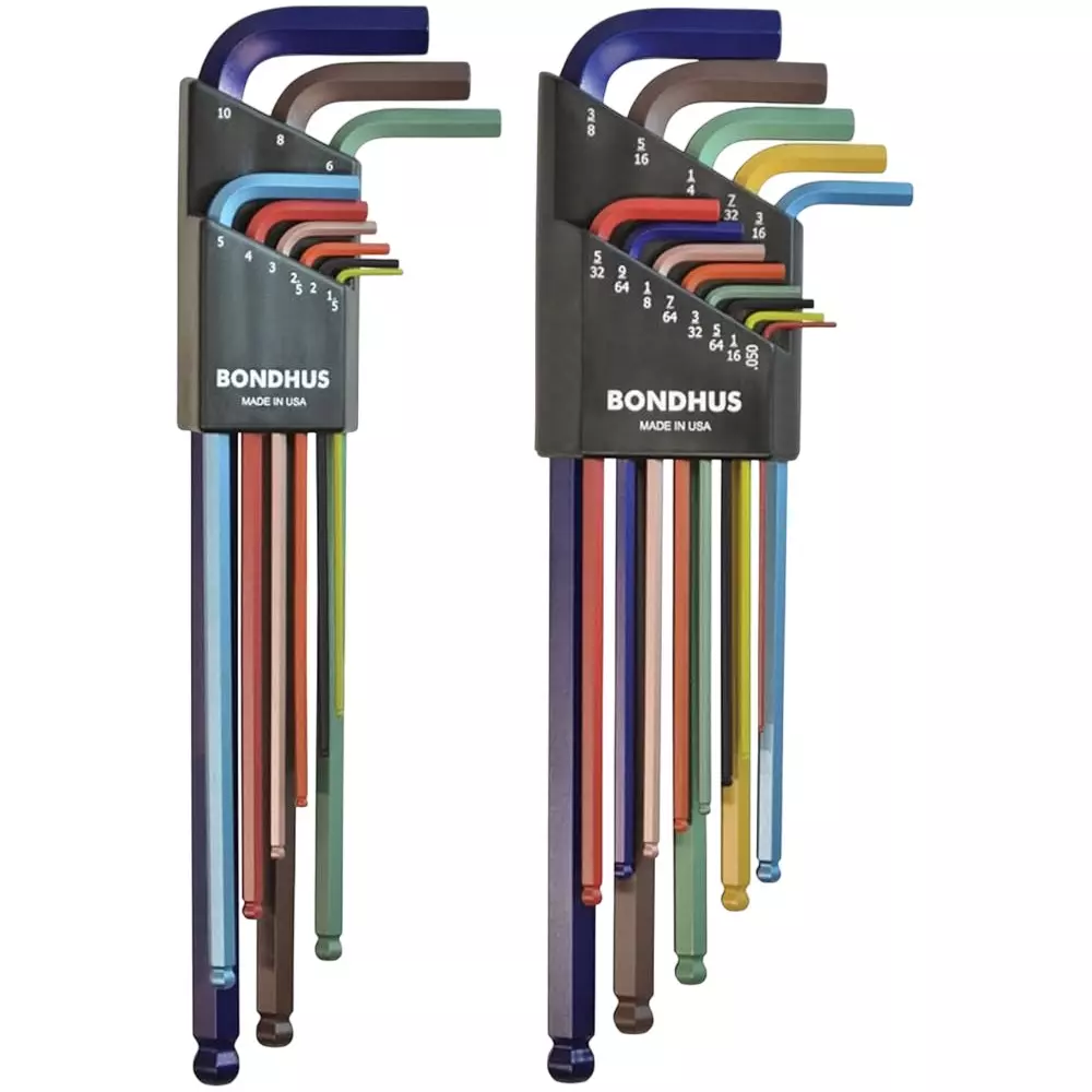 Bondhus ColorGuard Ball End L-Wrenches Set 0.050-3/8 inch & 1.5-10 mm Protanium Steel, 69600 (Set of 22)