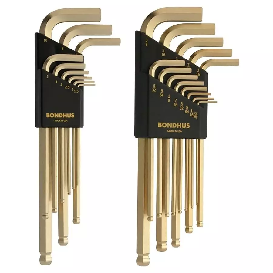 Bondhus GoldGuard Ball End L-Wrenches Set 0.050-3/8 inch & 1.5-10 mm Protanium Steel, 20899 (Set of 22)