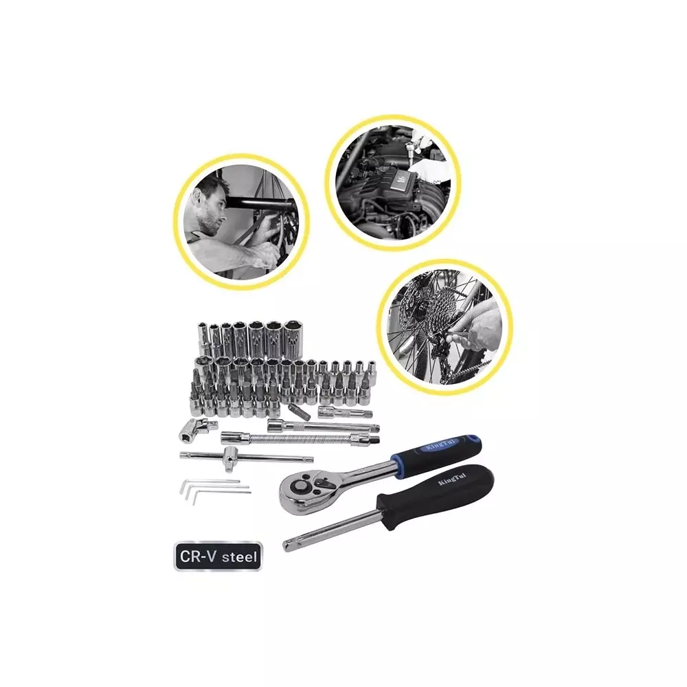 KingTul 53 Pcs Socket Kit Manual Black & Silver Chrome Molybdenum Steel Chrome Finish for DIY, Home Repairs & Basic Maintenance