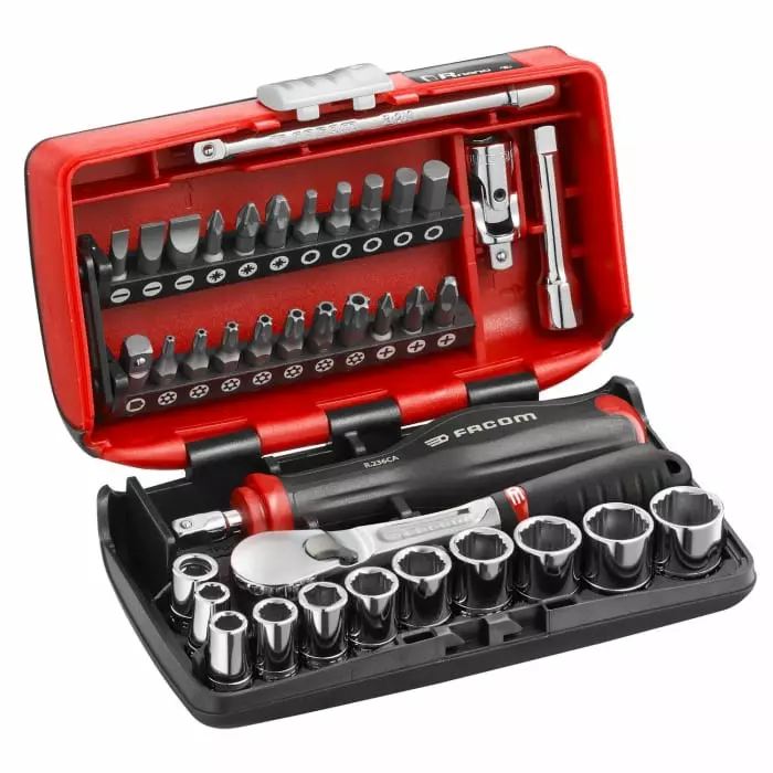 Facom 38-Piece Metric 1/4 inch Bit Socket Set with Ratchet, 6 point, RL.NANO1GRPPB