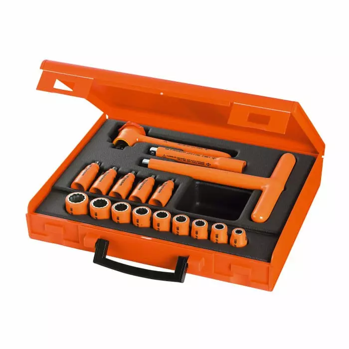 Facom 17-Piece Metric 3/8 inch Standard Socket/Bit Set with Ratchet, 12 point 6 point bit, VDE/1000V, J.401AVSE