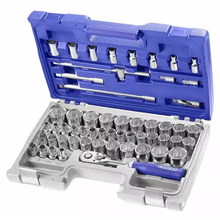 Facom 55-Piece Imperial, Metric 1/2 inch Standard Socket Set with Ratchet, 6 point 12 point e-Torx, E032909