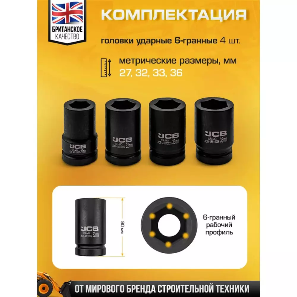 JCB 4 Pcs Deep Impact Flank Sockets Kit Chrome Molybdenum Steel 1 Inch (25.4 mm) Size Black, JCB-8041-5MPB