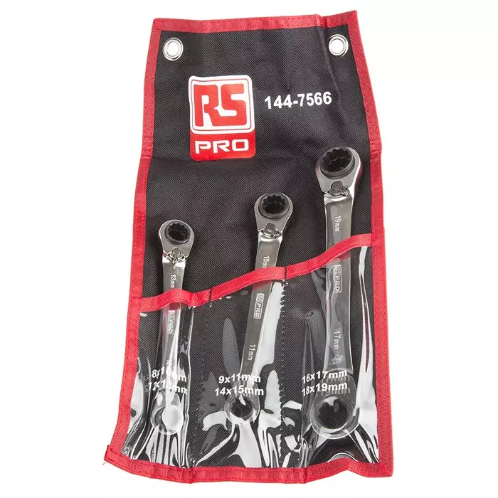 RS PRO Spanner Set 3 Piece Chrome Vanadium Steel Combination Spanner 17 mm, 11 mm, 10 mm, 1447566