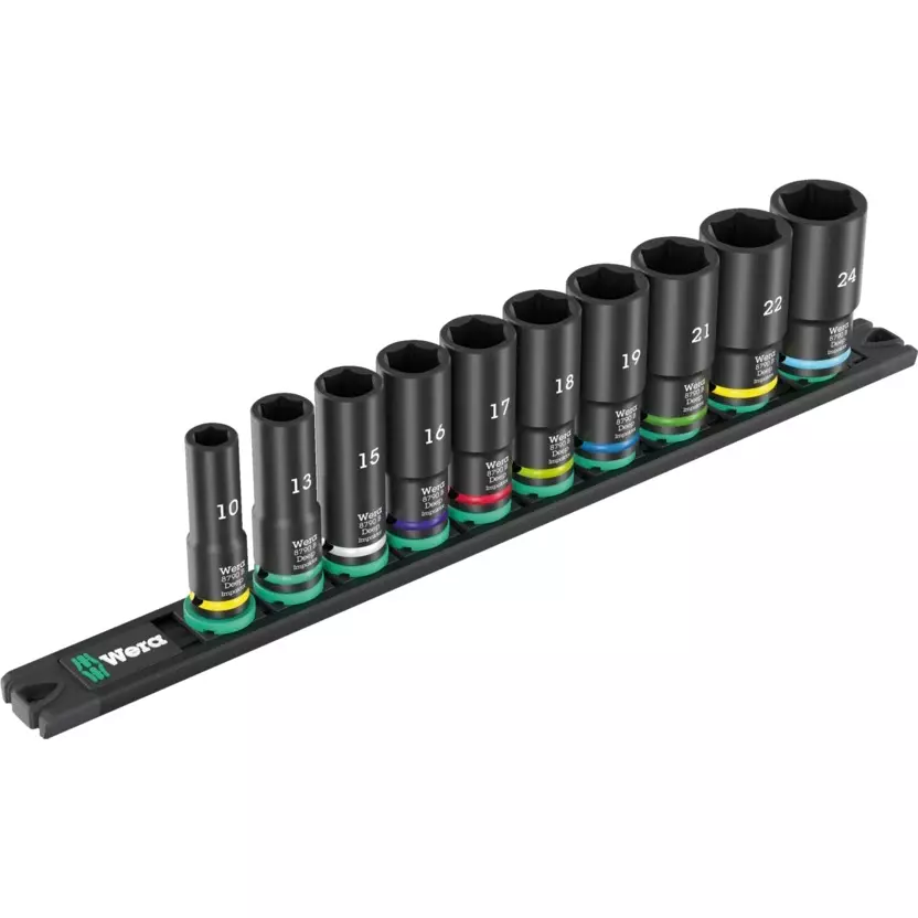 Wera 9660 Magnetic Rail B Impaktor Deep 1 Socket Set with 3/8 inch (9.5 mm) Drive and Magnetic Socket Rail, 5005590001 (Set of 10)