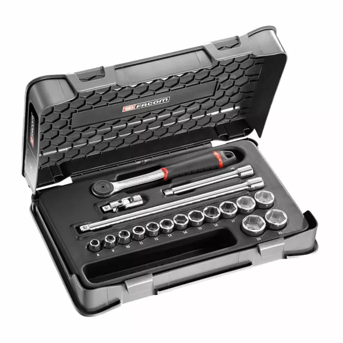 Facom 18-Piece Metric 3/8 inch Standard Socket Set with Ratchet, 6 point, J.161-2P6PF