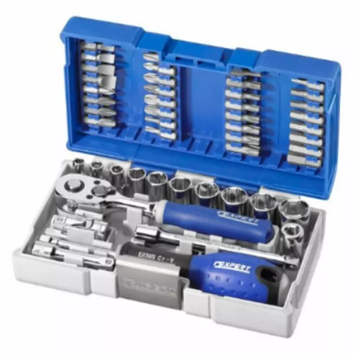 Facom 48-Piece Metric 1/4 inch Standard Socket/Bit Set with Ratchet, 6 point Hex Bit Phillips Bit Pozidriv, E030729