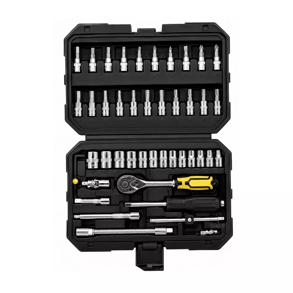 STANLEY 46 Pcs Socket Set With Ratchet Handle, 1/4 inch (6.35 mm) Square Drive and Chrome Plated Finish, STMT79055