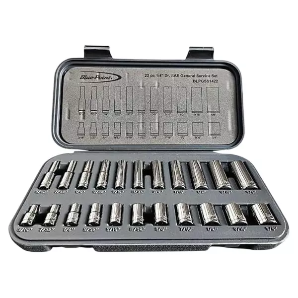 Blue-Point 22 Pcs 1/4 inch (6.35 mm) Drive Deep Shallow Socket Set Chrome Finish and Alloy Steel Body, BLPGSS1422