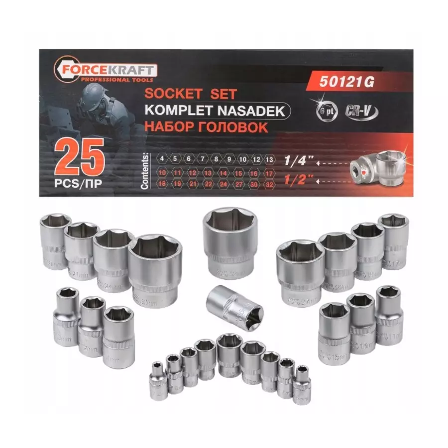 FORCEKRAFT 25 Pcs Impact Sockets Kit Chrome Vanadium Steel 1/2 Inch (12.7 mm) Size, FK-50121G