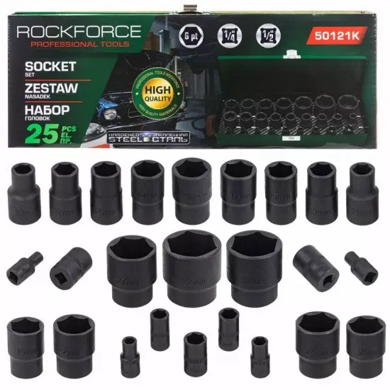 FORSAGE Impact Sockets 1/2 & 1/4 inch 6 Point Hex Chromium Vanadium Black, F-50121K (Set of 25)