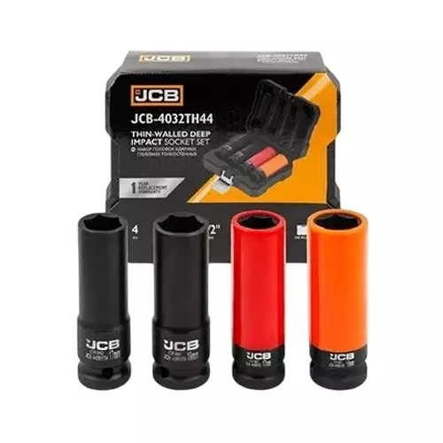 JCB 4 Pcs Deep Impact Thin‑Walled Sockets Kit Chrome Molybdenum Steel 1/2 Inch (12.7 mm) Size Red & Black, JCB-4032TH44