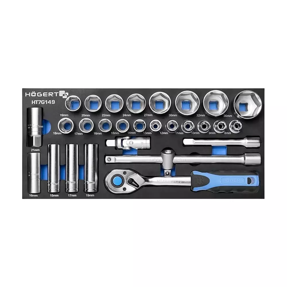 Hogert Technik 1/2 Sockets Set with ratchet handle, HT7G149 (Set of 27 pcs)