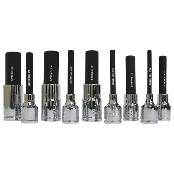 Bondhus ProGuard ProHold Hex End Socket Bits with Transparent Clamshell Protanium Steel 5/32 to 5/8 inch Size, 43299 (Set of 9)