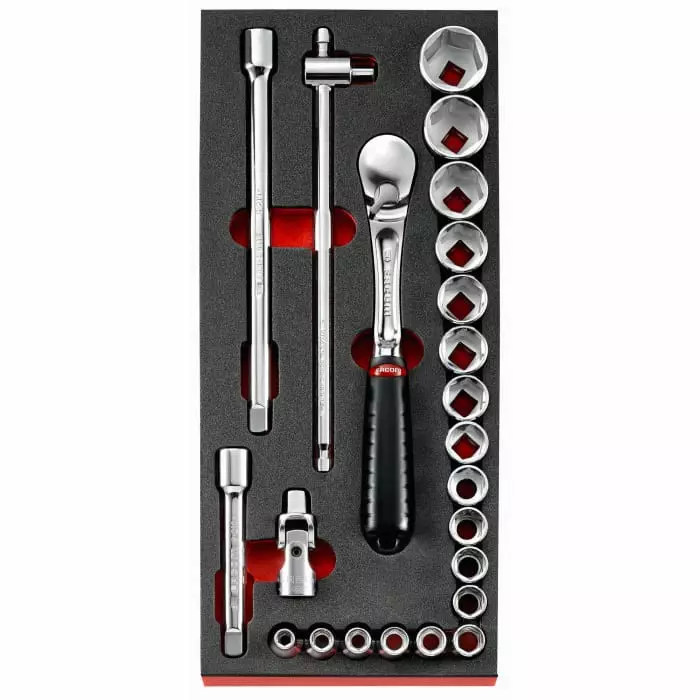 Facom 23-Piece Metric 1/2 inch Standard Socket Set with Ratchet, 6 point, MODM.SL1PB