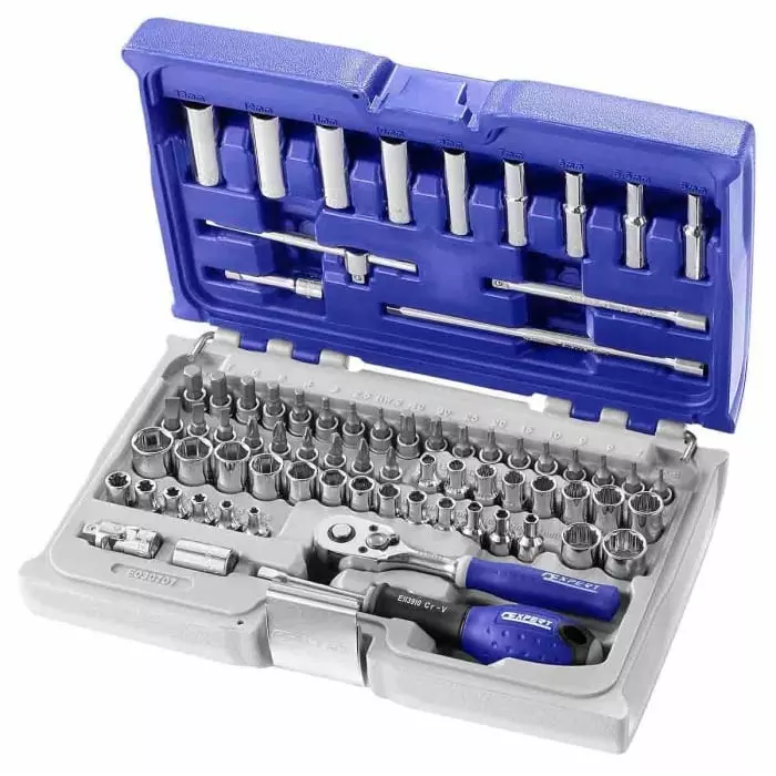 Facom 73-Piece Imperial, Metric 1/4 inch Deep Socket/Standard Socket/Bit Set with Ratchet, 6 point 12 point, E030707
