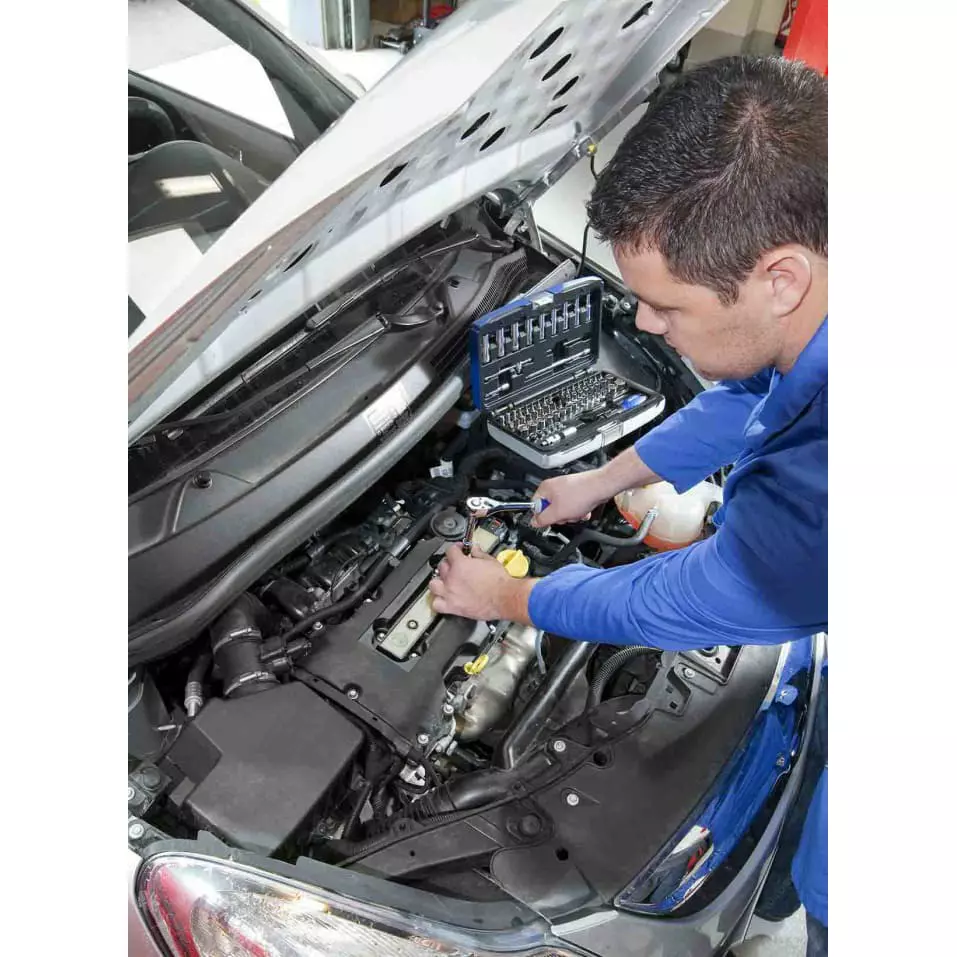 Facom 73-Piece Imperial, Metric 1/4 inch Deep Socket/Standard Socket/Bit Set with Ratchet, 6 point 12 point, E030707