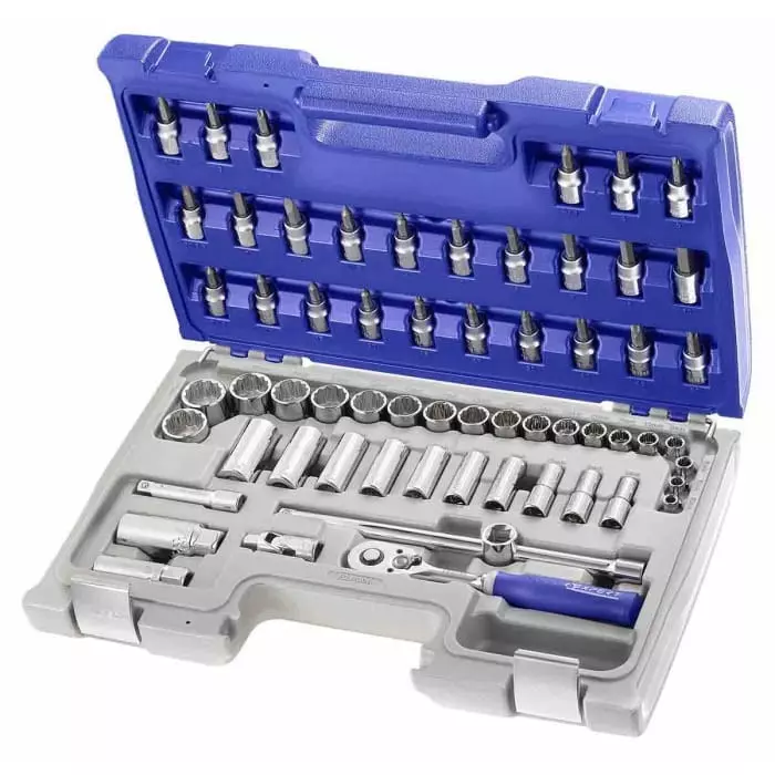 Facom 61-Piece Metric 3/8 inch Deep Socket/Standard Socket/Bit Set with Ratchet, 6 point 12 point Hex Bit, E031806