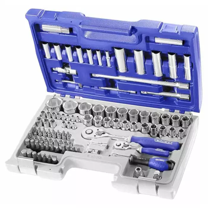 Facom 98-Piece Metric 1/2 inch 1/4 inch Deep Socket/Standard Socket/Bit Set with Ratchet, 6 point e-Torx Hex, E034805