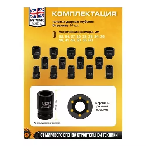 JCB 14 Pcs Deep Impact Socket Kit 1 Inch (25.4 mm) Size Black, JCB-8152-5MPB