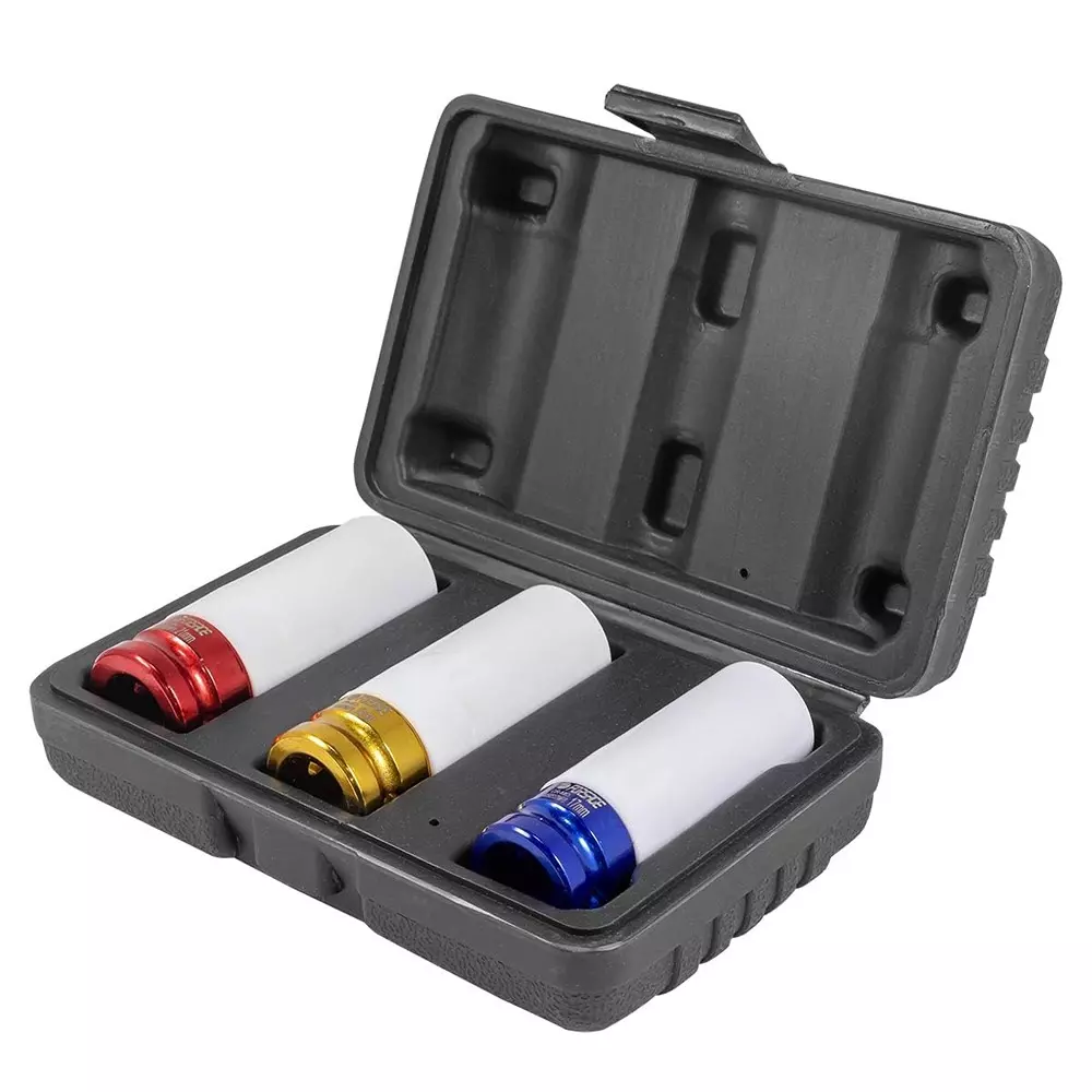 FORSTIME Impact Socket Set with Storage Case 12.7 mm (1/2 inch) Drive Size 6 Point Heavy-Duty Chromium Molybdenum Steel Red, Gold, Blue (Pack of 3)