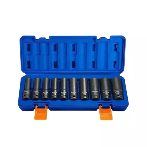 Wadfow 1/2 inch (12.7 mm) Drive Deep Impact Socket Set, Black Finish Cr-V (Chrome-Vanadium) Body, WMS2D02 (Pack of 10)