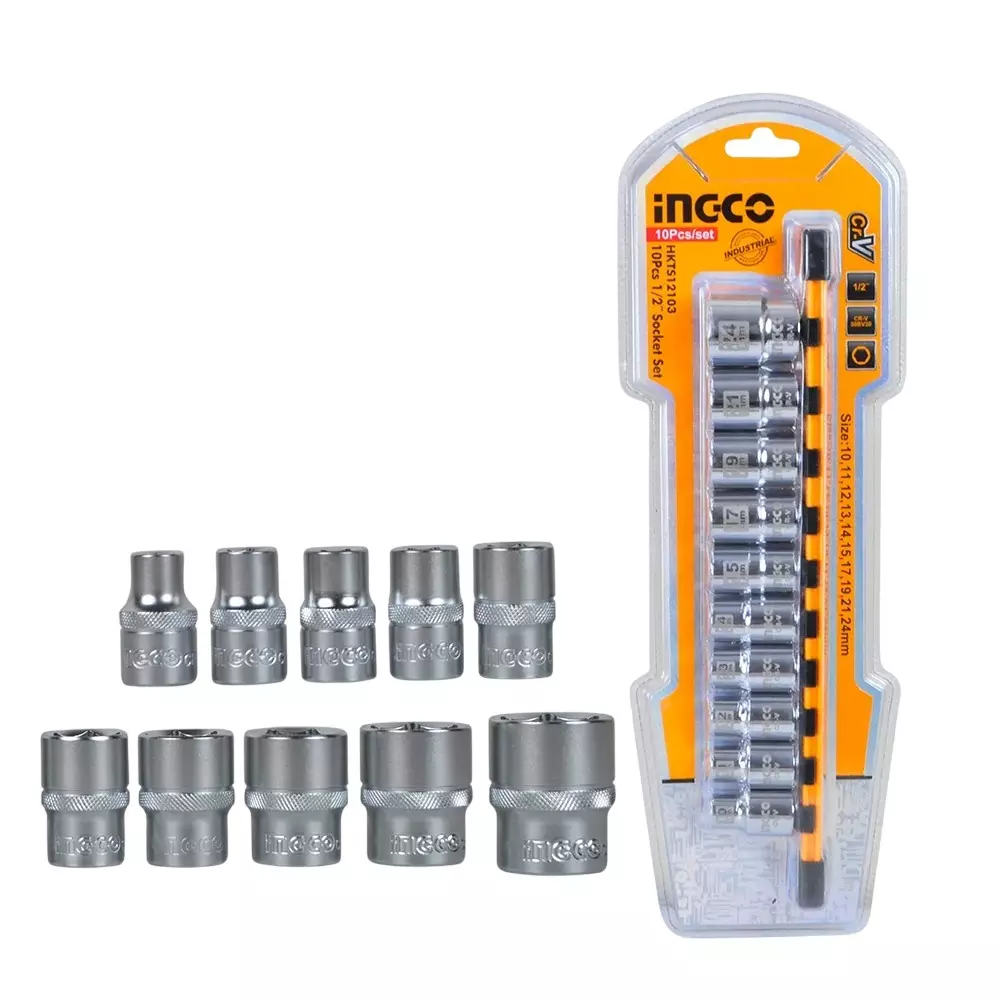 Ingco 10 Pcs Socket Set 1/2 Inch (1.27 cm) Drive Size 50BV30 High Quality Cr-V Steel Material, HKTS12103
