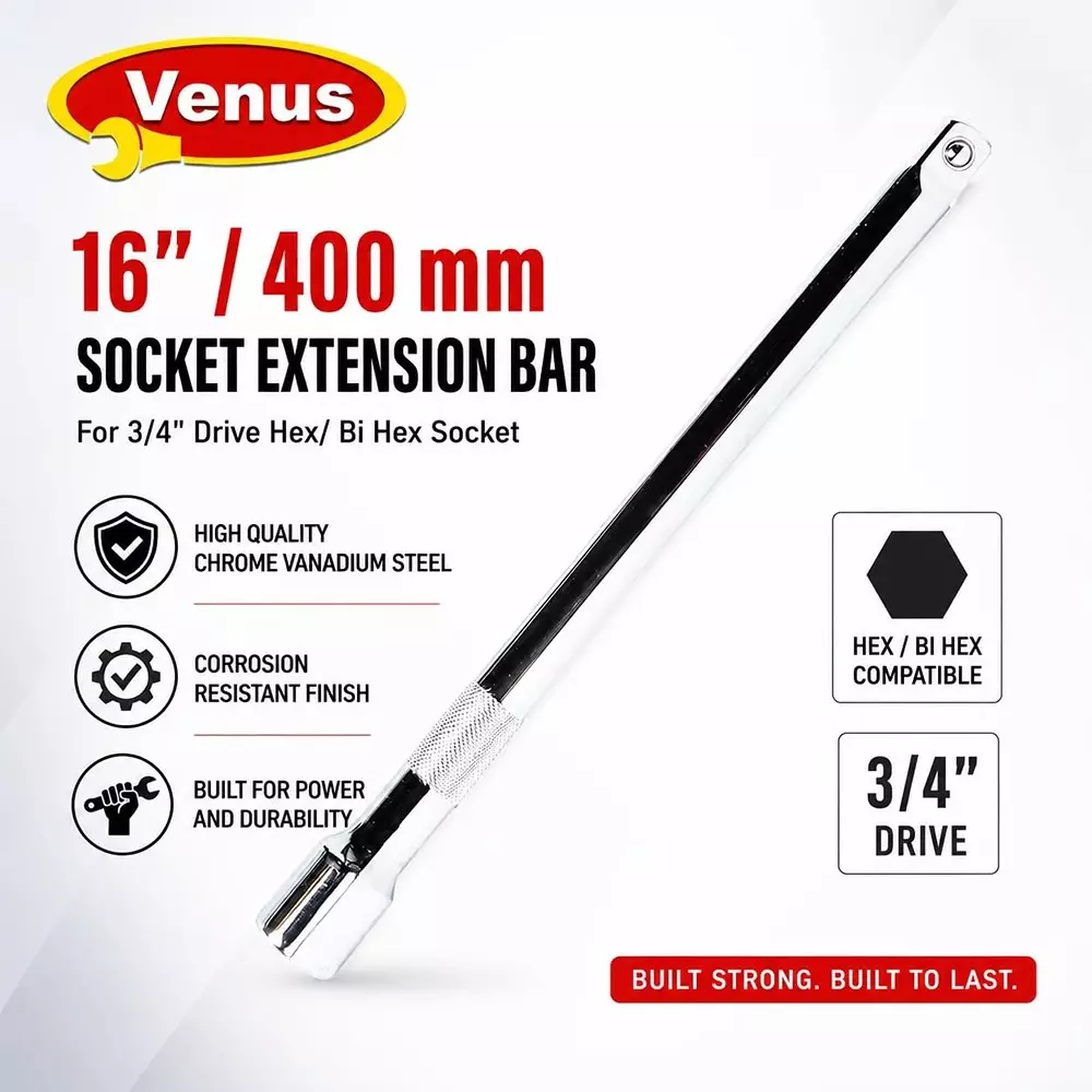 venus-socket-extension-rod-silver-chrome-vanadium-steel-16-inch-400-mm-length-for-34-inch-bi-hex-sockets-vn-extn-16400