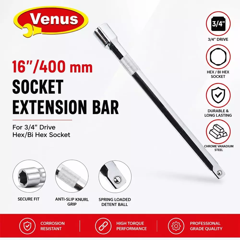 venus-socket-extension-rod-silver-chrome-vanadium-steel-16-inch-400-mm-length-for-34-inch-bi-hex-sockets-vn-extn-16400