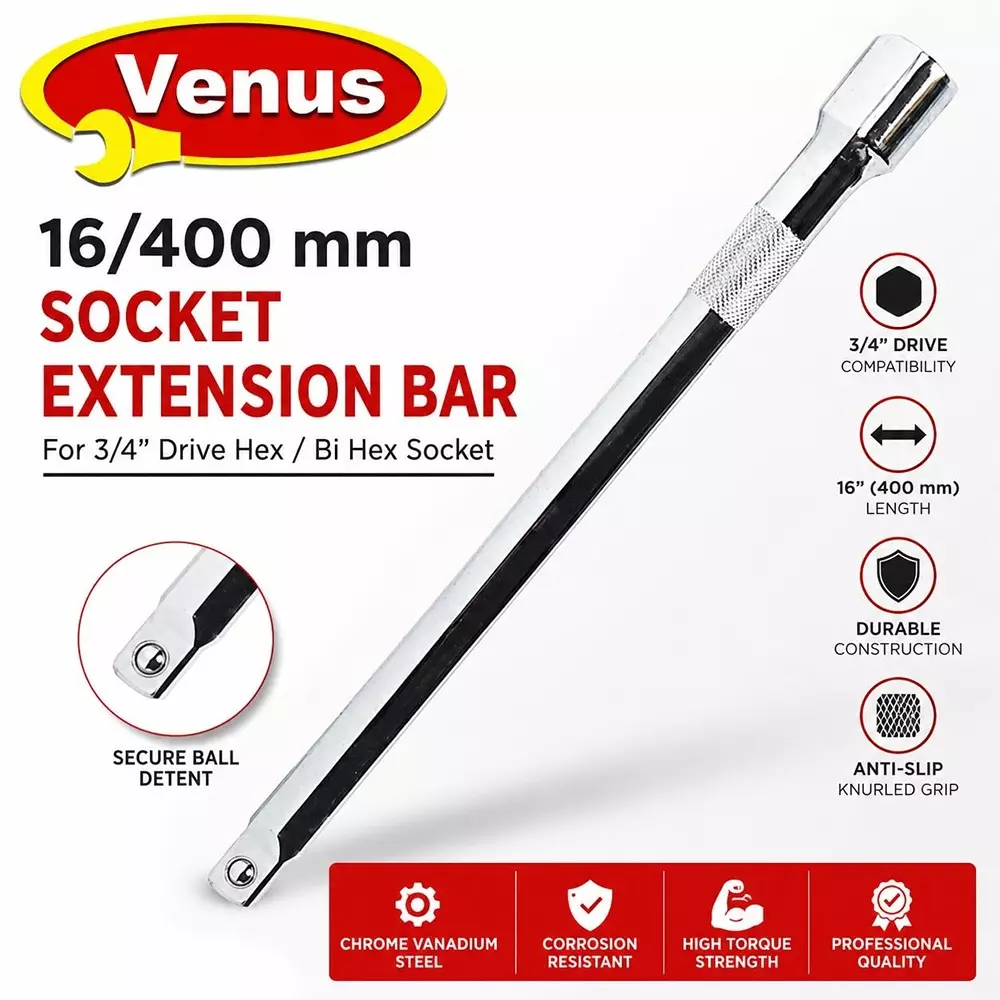 venus-socket-extension-rod-silver-chrome-vanadium-steel-16-inch-400-mm-length-for-34-inch-bi-hex-sockets-vn-extn-16400