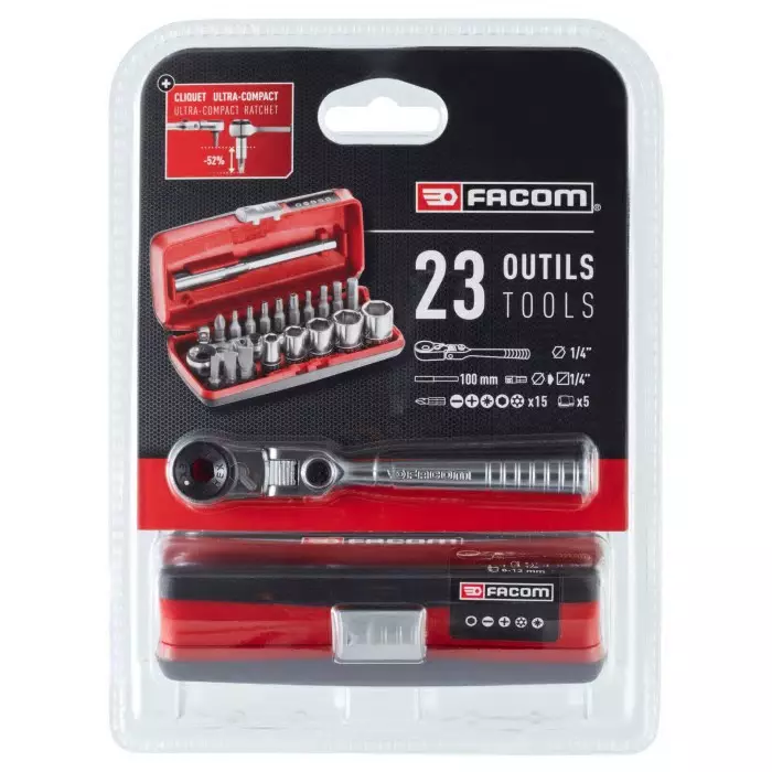 Facom 23-Piece Metric 1/4 inch Standard Socket/Bit Set with Ratchet, 6 point, R1PICOPB