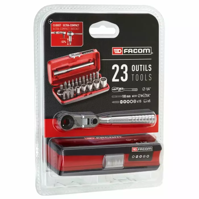 Facom 23-Piece Metric 1/4 inch Standard Socket/Bit Set with Ratchet, 6 point, R1PICOPB