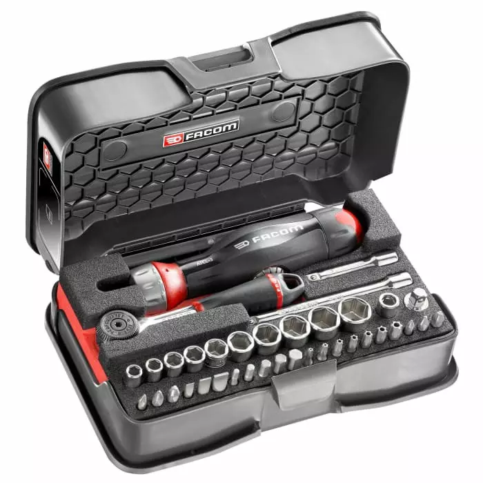 Facom 38-Piece Metric 1/4 inch Standard Socket/Bit Set with Ratchet, 6 point, R.161-6ATCL3PB